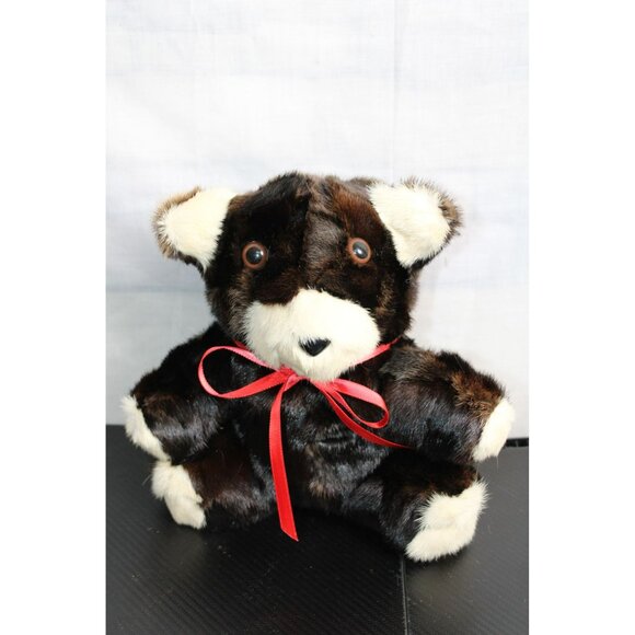 Stuffed Teddy Bear With Mink Fur And Red bow - Picture 1 of 6